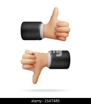 3D Daumen nach oben und Daumen nach unten Hände Gesten isoliert. Handsymbole „gefällt mir“ und „gefällt mir nicht“ rendern. Symbole für Kundenbewertung oder Abstimmung. Zeichentrickfinger-Gesten. Vektorabbildung. 3D Daumen hoch und Daumen runter Handgesten Stock Vektor