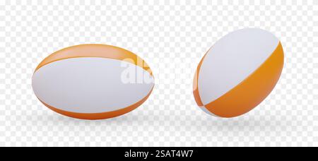 Satz von Vektor-Rugbybällen. Farbige, isolierte ovale Bälle für American Football. Realistisches Accessoire für Teamspiele und Wettkämpfe. Symbol für Sportseiten, Anwendungen, Spiele. Satz von Vektor-Rugbybällen. Farbige, isolierte ovale Bälle für American Football Stock Vektor