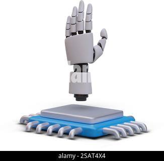 Realistischer Roboterarm, Mikroprozessor. Programmierbare Ausrüstung, Simulationsmanipulator. Fernbedienung. Künstliche Intelligenz. Vertikale Komposition auf weißem Hintergrund. Vektorabbildung. Realistischer Roboterarm, Mikroprozessor. Programmierbare Ausrüstung, Simulationsmanipulator Stock Vektor