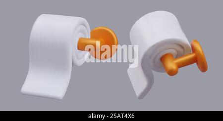 Set Toilettenpapier am Griff in Orange in verschiedenen Positionen. Körperhygiene und Körperpflege für öffentliche WCs. 3D-Heimkonzept. Vektorabbildung im 3D-Stil. Set Toilettenpapier am Griff in Orange in verschiedenen Positionen Stock Vektor