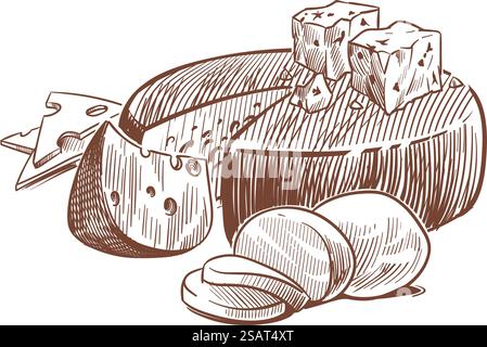 Skizzieren Sie Käse. Kunstkompositionen mit verschiedenen Käsesorten, ganz, halb und Scheiben, maasdam und Gouda, Mozzarella und Parmesan, Milchprodukte, frischer Bauernnahrungsvektor isolierte handgezeichnete Illustration. Skizzieren Sie Käse. Kunstkompositionen mit verschiedenen Käsesorten, ganz, halb und Scheiben, maasdam und Gouda, Mozzarella und Parmesan, Milchprodukte, frische Bauernnahrungsvektor Hand gezeichnete Illustration Stock Vektor