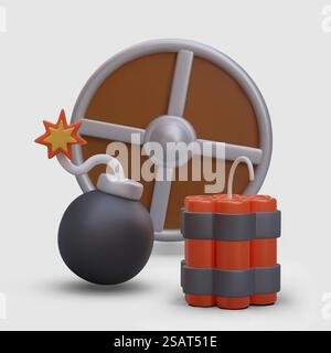 Runder Schild, Kanonenkugel mit brennendem Seil, rote Stöcke Dynamit. Vektorkonzept von Angriff und Verteidigung. Illustration für Onlinespiele, Website, Anwendung. Runder Schild, Kanonenkugel mit brennendem Seil, rote Stöcke Dynamit Stock Vektor