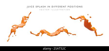 Realistische Farbspritzer an verschiedenen Positionen. Verschüttete Mango, Orange, Papayasaft, angehaltene Bewegung. 3D-Bild auf weißem Hintergrund. Vektorsatz für Webdesign. Realistische Farbspritzer an verschiedenen Positionen. Verschüttete Mango, Orange, Papayasaft, angehaltene Bewegung Stock Vektor