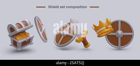 Zusammensetzung des Shield-Sets. Realistische Brust mit Goldmünzen, Schwert zum Kampf, Goldkrone mit Diamant. Vektorabbildung im 3D-Stil mit Platz für Text. Zusammensetzung des Shield-Sets. Realistische Brust mit Goldmünzen, Schwert zum Kampf, Goldkrone mit Diamant Stock Vektor
