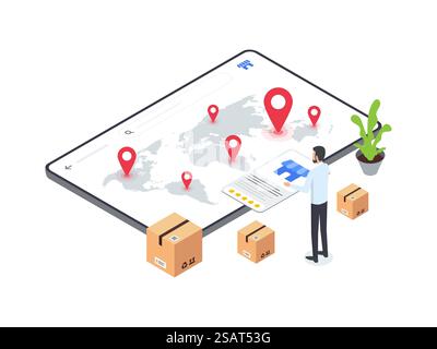 Flache isometrische Darstellung von man wählt Franchisestandort auf der E-Commerce-Plattform aus. Stellt den Entscheidungsprozess im Franchise-Geschäft dar. Stock Vektor