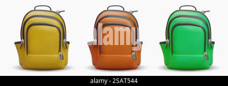 Set coole Schulrucksäcke. Gelbe, orange, grüne Studententasche mit vielen Taschen. Farbige Vektorsymbole. Zurück zur Schule. Abbildungen auf weißem Hintergrund. Set coole Schulrucksäcke. Gelbe, orange, grüne Studententasche mit vielen Taschen Stock Vektor
