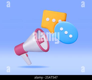 3D-Megaphone mit leerem Bubble Chat isoliert. Plastisches Megaphon Realistisch Darstellen. Modernes Bullhorn oder Lautsprecher. Ankündigungsnachricht, Marketing, Job, Aufmerksamkeit. Vektorabbildung. 3D-Megaphone mit leerem Bubble Chat Stock Vektor