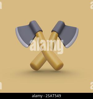 Überkreuzte Achsen. Symbol des Kampfes. 3D-Vektorillustration mit Schatten. Axkampf, Holzfällerwettbewerb. Farbzeichen wird protokolliert. Werkzeuge zum Fällen von Bäumen. Vorlage für Webdesign. Überkreuzte Achsen. Symbol des Kampfes. 3D-Vektorillustration mit Schatten Stock Vektor