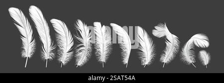 Sanfte Federn Linie realistische Vektor-Illustration Set. Vogelfedern mit zarter Textur. Flauschiges Gefieder aus Engelsflügeln 3D Elemente auf weiß Stock Vektor