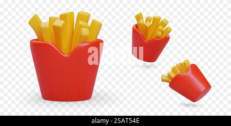 Pommes Frites in roter Papiertüte. Satz von 3D-Bildern an verschiedenen Positionen. Platzhalter für dynamische Konstruktion. Salziges Fast Food. Warme Speisen zum Mitnehmen. Farbige Symbole im Cartoon-Stil. Pommes Frites in roter Papiertüte. Satz von 3D-Bildern an verschiedenen Positionen Stock Vektor