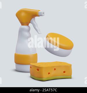 Reinigungsspray, Reinigungsschwamm in gelber Farbe. Geschirrspülset für die Küche. Allgemeines Hausreinigungskonzept. Produkt für Hygiene und Frische. Vektorabbildung im realistischen 3D-Stil. Reinigungsspray, Reinigungsschwamm in gelber Farbe. Geschirrspülset für die Küche Stock Vektor
