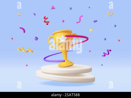 3D Golden Champion Trophäe mit Konfetti auf dem Podium. Symbol „Gold Cup Trophäe Rendern“. Gold-Trophäe für Wettbewerbe. Siege, Siegertreue, Sportpreis, Erfolg. Vektorabbildung. 3D Golden Champion Trophäe mit Konfetti auf dem Podium Stock Vektor