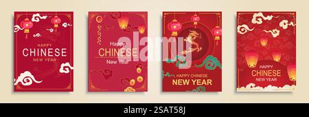 Happy Chinese New Year 2024 Cover-Broschüre im flachen Design. Postervorlagen mit Windlichtern, goldenem Sternzeichen Drache, Wolken, Münzen, anderen Chine-Symbolen und traditionellen Dekorationen. Vektorabbildung. Stock Vektor