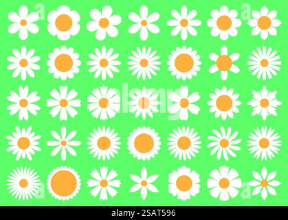 Cartoon Gänseblümchen. Verschiedene primitive Chamomiles, dekorative weiße einfache Pflanzen, verschiedene Blütenblätter, Sommerblüte runde Ikonen, Dekoelemente, schöne Botanik aufgeräumte Vektor isoliert botanisches Set. Cartoon Gänseblümchen. Verschiedene primitive Chamomiles, dekorative weiße einfache Pflanzen, verschiedene Blütenblätter, Sommerblüte runde Ikonen, Dekoelemente, aufgeräumter Vektor isoliert botanisches Set Stock Vektor