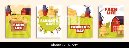 Broschüre „Farm Life Cover“ in flacher Ausführung. Postervorlagen mit Mühlen, Heuläden, Stroh-Heuhaufen, Plantagenfeldern, Geflügel- und Viehzucht, Gartenbau. Vektorabbildung Stock Vektor