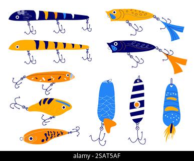 Angelkder. Verschiedene Formen bunte Kder mit Haken, schwimmende Element  im Freien Fluss oder See Hobbie, Cartoon Angelausrstung, blau und gelb  Stock-Vektorgrafik - Alamy
