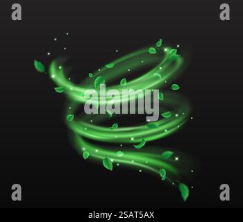 Grüne Blätter und funkelt wirbelnder Fluss des magischen Staubs realistische Vektorillustration. Mystische Naturkraft 3D-Element auf schwarzem Hintergrund Stock Vektor