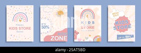 Broschürensatz für Kindergeschäft im flachen Design. Poster-Vorlagen mit Rabattangebot und Sonderkarten mit niedlichen handgezeichneten Regenbögen für die Abräumung im Kindergeschäft. Vektorabbildung. Stock Vektor