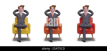 Ein Mann im Business-Anzug ruht im Stuhl. Arbeitsunterbrechung. Der männliche Charakter sitzt mit den Händen hinter dem Kopf, die Beine sind gekreuzt. Satz von Illustrationen in verschiedenen Farben im Cartoon-Stil. Ein Mann im Business-Anzug ruht im Stuhl. Arbeitsunterbrechung Stock Vektor
