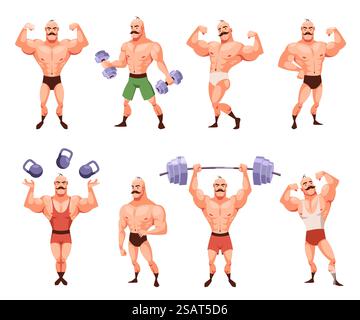 Cartoon-Bodybuilder-Figur posiert. Lustiger starker Mann mit Schnurrbart demonstriert Muskeln, Zirkussportler in verschiedenen Posen, Retro Maskottchen mit Kurzhantel, männlicher Sport, Gym Training Vektor isoliert Set. Cartoon-Bodybuilder-Figur posiert. Lustiger starker Mann mit Schnurrbart demonstriert Muskeln, Zirkussportler in verschiedenen Posen, Retro Maskottchen mit Hantel, Gym Training Vektor isoliert Set Stock Vektor