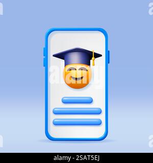 3D Happy Smiling Emoticon in Graduate Cap in Phone. Rendern Sie Ihr Smartphone mit Smile Student in Graduation Cap. Mütze Aus Mortarboard. Online-Bildungskonzept E-Learning, Online-Kurse. Vektorabbildung. 3D Happy Smile Emoticon in Graduate Cap Stock Vektor