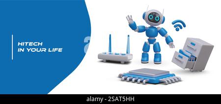 HiTech in Ihrem Leben. Niedlicher 3D-Roboter, Mikroprozessor, Router, Büroschublade. Neueste Technologien, arbeiten Sie mit Informationen. Werbebanner im Cartoon-Stil. HiTech in Ihrem Leben. Niedlicher 3D-Roboter, Mikroprozessor, Router, Büroschublade Stock Vektor