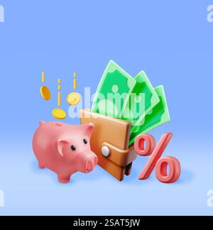 3D Piggy Bank mit Münzen und Brieftasche isoliert. Geben Sie Plastic Piggy Bank für Geld. Moneybox in Form von Schwein. Konzept: Bargeld, Investitionen in Geschäftseinlagen, finanzielle Einsparungen. Vektorabbildung. 3D Piggy Bank mit Münzen und Brieftasche Stock Vektor