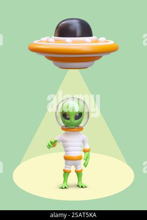 3D fliegende Untertasse, Alien streckt seine Hand aus. Fliegende Scheibe mit humanoidem Transportstrahl. Gefährlicher Kontakt. Vertikales Konzept im Cartoon-Stil. Abbildung auf grünem Hintergrund. 3D fliegende Untertasse, Alien streckt seine Hand aus. Fliegende Scheibe mit humanoidem Transportstrahl Stock Vektor