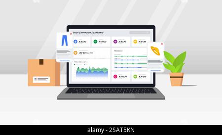 Illustrationskonzept für Social Commerce-Dashboard. Visualisierung von E-Commerce-Daten auf einem Laptop. Vektorillustration mit weißem grauen Hintergrund Stock Vektor