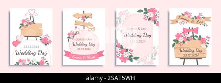Broschürensatz für Hochzeitstage in flachem Design. Posterschablonen mit Einladungskarten mit eleganten Holztafeln mit Zeremonie-Datum, Blumensträußen, rosa Herzen, Bandrahmen. Vektorabbildung Stock Vektor