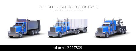 Satz realistischer Lkws. Detailliertes Vektorbild. Lkw, Kipper, Abschleppwagen. Verschiedene Frachttransporte. Farbige Abbildungen für die Anwendung, Website des Transportunternehmens. Satz realistischer Lkws. Detailliertes Vektorbild. Lkw, Kipper, Abschleppwagen Stock Vektor