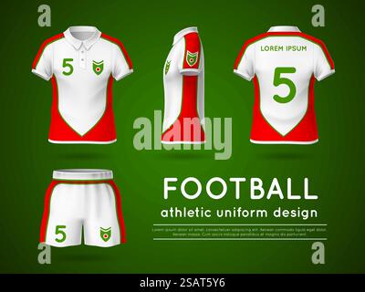 Realistisches Fußballtrikot. Designvorlage für 3D-Sporttrikots und -Shorts, Mockup für Fußballmannschaftskleidung in weiß und Rot, Vorder- und Rückansicht, isolierte Objekte und Kopierraum, innovatives Vektorkonzept. Realistisches Fußballtrikot. Designvorlage für 3D-Sporttrikots und -Shorts, Mockup für Fußballmannschaftskleidung in weiß und Rot, Vorder- und Rückansicht, isolierte Objekte, perfektes Vektorkonzept Stock Vektor