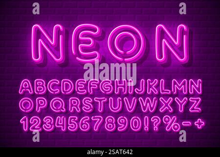 Rote Schriftart in Neonstädten. Englisches Alphabet und Nummernzeichen. Vektor. Rote Schriftart in Neonstädten. Englisches Alphabet und Nummernzeichen. Vektorabbildung Stock Vektor