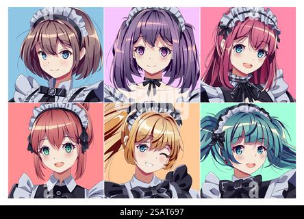 Kawaii Dienstmädchen Café Mädchen Vektor Logo Illustration Set. Attraktive Anime-Frauenporträts auf farbigem Hintergrund. Avatare für weibliche Manga-Charaktere. Kawaii Dienstmädchen Café Mädchen Porträts Vektor Logo Illustration Set Stock Vektor