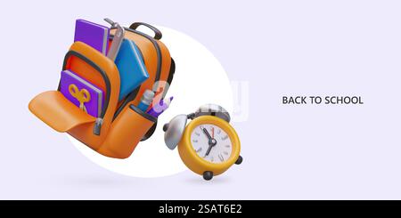 Zurück zur Schule. Offener realistischer Rucksack mit Schulutensilien, Wecker. Zeit, Schulbedarf zu kaufen. Werbekonzept des Schreibwarengeschäfts. Bekanntgabe der Schulmesse, Verkauf. Zurück zur Schule. Offener realistischer Rucksack mit Schulutensilien, Wecker Stock Vektor