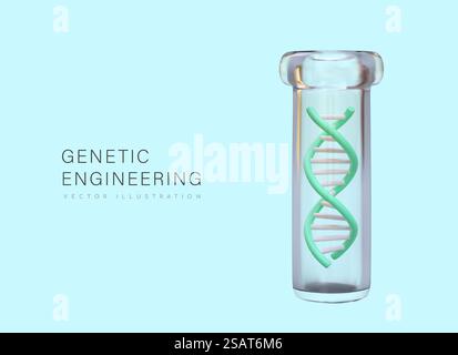3D-DNA-Doppelhelix in transparentem Reagenzglas. Experimente zur lebendigen Natur. Das Konzept der Gentechnik. Horizontales Poster mit Text. Vektorvorlage für Webdesign. 3D-DNA-Doppelhelix in transparentem Reagenzglas. Experimente zur lebendigen Natur Stock Vektor