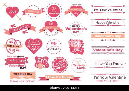 Valentinstag Banner Mega-Set in flachem Design. Bündeln Sie Elemente romantischer Inschriften und Zitate auf Bändern, Etiketten, Rahmen und Trennwänden. Vektorillustration isolierte Grafikobjekte Stock Vektor