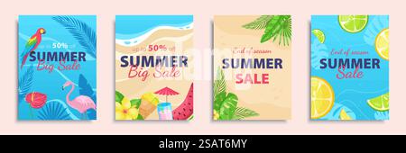 Verkaufsprospekt für Sommer in flacher Ausführung. Poster-Vorlagen mit Einkaufsfreiheit und Rabattkarten mit tropischen Palmenblättern, Papageien, Flamingo und exotischen Blumen. Vektorabbildung Stock Vektor