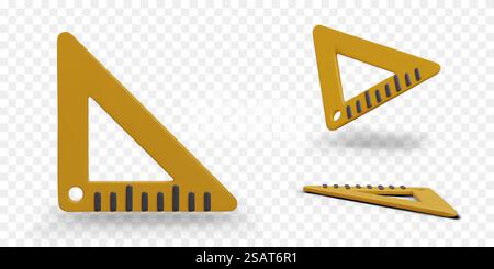 Realistisches Quadrat, Dreieck. Dreieckiges Lineal 90 Grad. Ausrüstung zum Ziehen von Linien im rechten Winkel. Gelbes Symbol für Geometrie und Mathematik. Realistisches Quadrat, Dreieck. Dreieckiges Lineal 90 Grad Stock Vektor