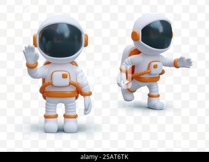 3D-Astronaut im Weltraumanzug. Charakter in verschiedenen Posen. Der Kosmonaut kommt und sagt Hallo. Gebärdensprache. Isolierte Illustrationen für Anwendung, Website, Spiel. Design des Bereichs. 3D-Astronaut im Weltraumanzug. Charakter in verschiedenen Posen Stock Vektor