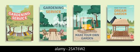 Gartenservice-Abdeckungsbroschüre in flacher Ausführung. Posterschablonen mit Gartenmöbeln, hölzerner Pavillon, Sommerterrasse mit Grün für Gartenbauarbeiten im Hinterhof. Vektorabbildung Stock Vektor