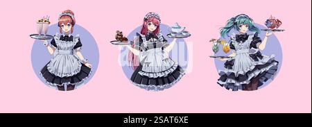 Mädchen in Uniformen runden Vektor-Avataren Set. Schöne Anime-Frauen, die Tabletts mit Kuchen und Getränke runden Logos auf rosa Hintergrund halten. Mädchen in Uniformen runden Vektor-Avataren Set Stock Vektor