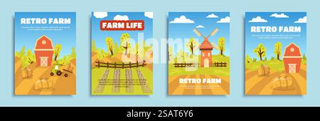 Retro-Broschüre für Bauernhäuser in flachem Design. Postervorlagen mit Holzscheunen und -Mühlen, Traktoren von Heuhaufen, Feldern, Ackerplantagen, Gartenbau und Agrarwirtschaft. Vektorabbildung Stock Vektor