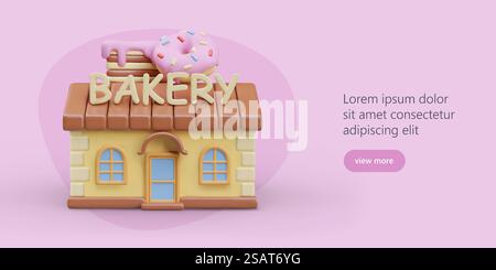 Webplakat mit Knopf und Modell einer Bäckerei im Cartoon-Stil. Mit leckeren Kuchen und Donuts lagern. Online-Bestellung leckerer Produkte. Vektorillustration mit rosa Hintergrund und Platz für Text. Webplakat mit Knopf und Modell einer Bäckerei im Cartoon-Stil Stock Vektor