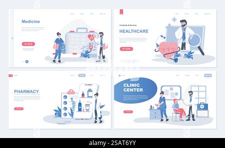 Medizinwebkonzept für Landingpage in flacher Form. Medizinische Dienstleistungen, Gesundheitsprogramme, Apotheke und Online-Drogeriemarkt, Klinikzentrum. Vektorillustration mit Personenzeichen für Homepage Stock Vektor