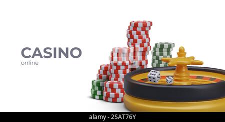 Online-Casino. Realistisches Roulette, Stapel Pokerchips, Würfel im Flug. Glücksspielkonzept. Vektorkomposition mit Platz für Logo, Text und Link-Schaltfläche. Online-Casino. Realistisches Roulette, Stapel Pokerchips, Würfel im Flug Stock Vektor
