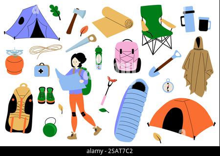 Camping-Mega-Set in flachem Design. Bundle Elemente von Zelt, Axt, Matte, Thermos, Frau Tourist mit Karte, Reiserucksack, Wanderstiefel, Schlafsack, Sonstiges. Vektorillustration isolierte Grafikobjekte Stock Vektor