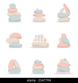 Zen-Stein-Ikonensammlung für Spa, Harmonie. Waage aus farbigen Steinen. Zen-Steine isoliert auf weißem Hintergrund. Set aus Wellness Rock Zen Stone Stock Vektor