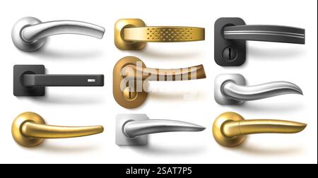 Realistische Türgriffe. Verschiedene Metallmöbel und Innenausstattungen, gerade klassische Stahlgriffe und geschwungene moderne Griffe. Eintritt ins Zimmer. Silberne und goldene 3D-isolierte Elemente, äußerer Vektor-Satz. Realistische Türgriffe. Verschiedene Metallmöbel und Innenausstattungen, gerade klassische Stahlgriffe und geschwungene moderne Griffe. Eintritt ins Zimmer. Silberne und goldene 3D-Elemente, äußerer Vektor-Satz Stock Vektor