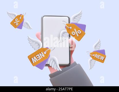 Konzept der telefonischen Anwendung zum Auffinden von Angeboten und Rabatten. Realistisches Handheld-Smartphone mit leerem Bildschirm, Etiketten mit umherfliegenden Flügeln. Prozentmarke, neuer Wareneingang. Konzept der telefonischen Anwendung zum Auffinden von Angeboten und Rabatten Stock Vektor
